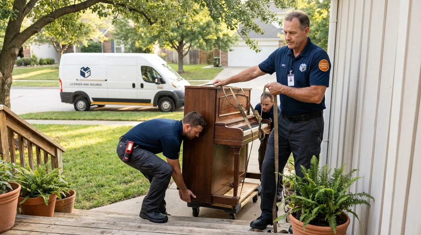 Licensed piano movers securing grand piano in Nebraska City, NE