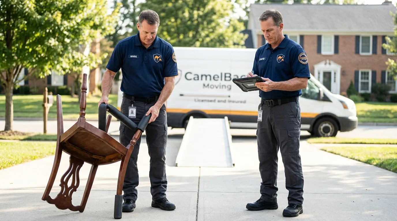 Movers inspecting furniture for damage prevention before loading in Nebraska City, NE