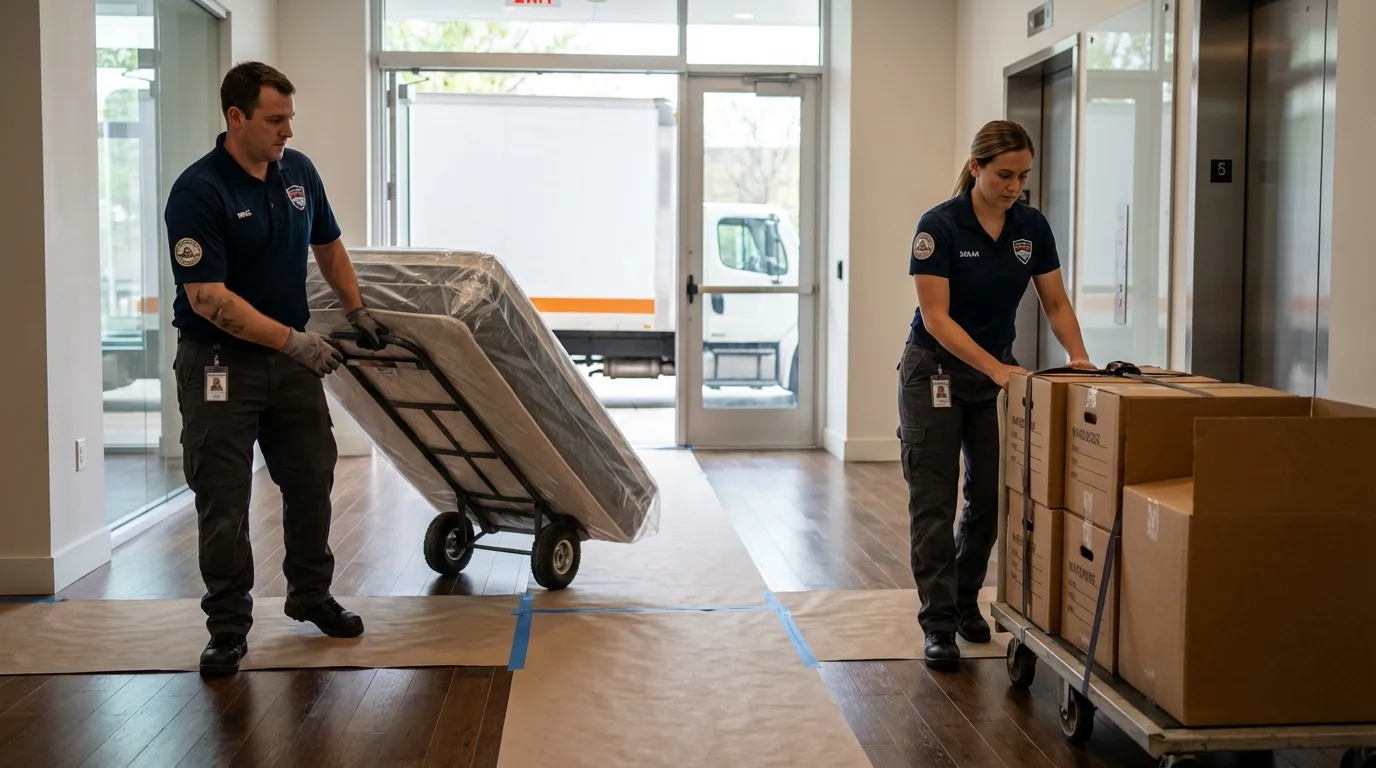 Professional apartment movers loading elevator in Nebraska City, NE