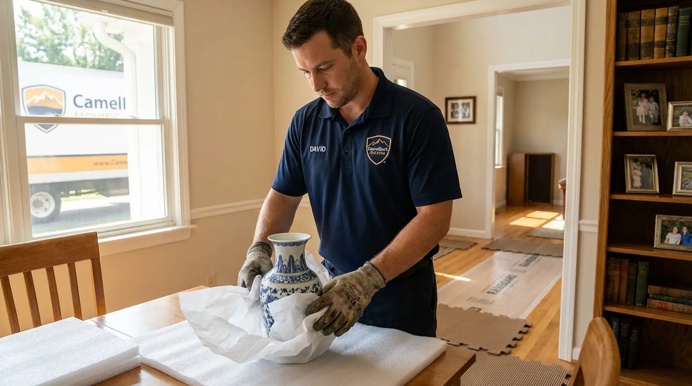 Professional crew carefully wrapping antique vase for senior downsizing move in Nebraska City, NE
